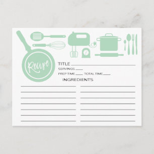Modern Mint Green Kitchen Utensils Recipe Card