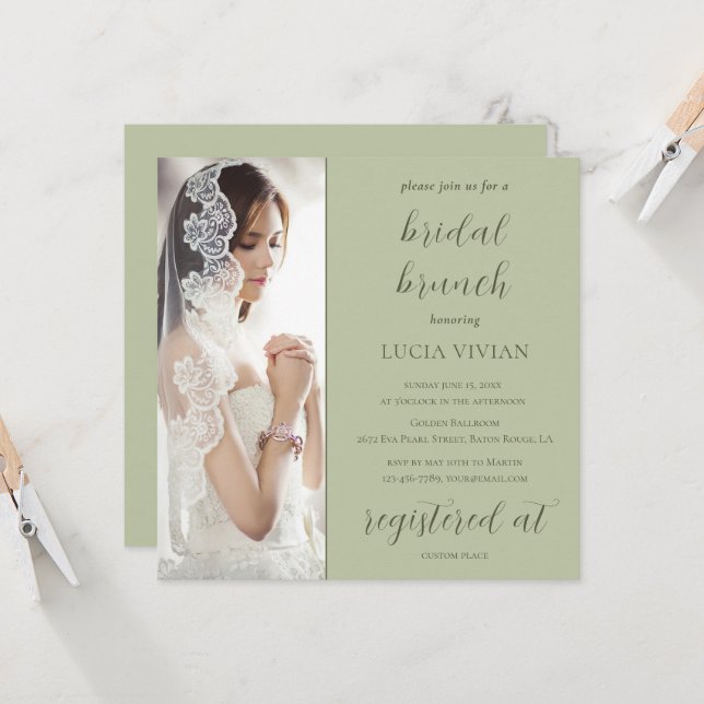 Modern Mint Green Photo Bridal Shower Brunch Invitation (Front/Back In Situ)