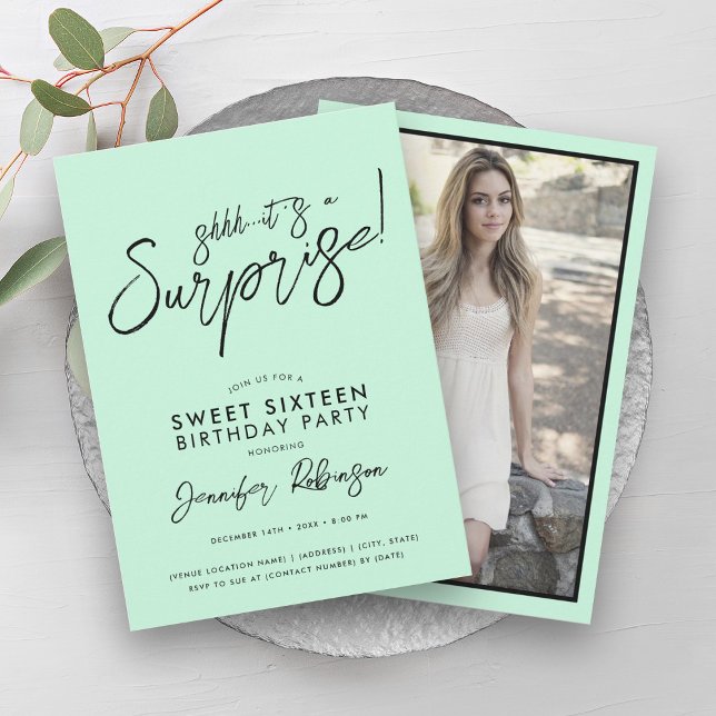Modern Mint Green Photo Surprise Sweet 16 Invitation (Modern Mint Green Photo Surprise Sweet 16 Invitation)