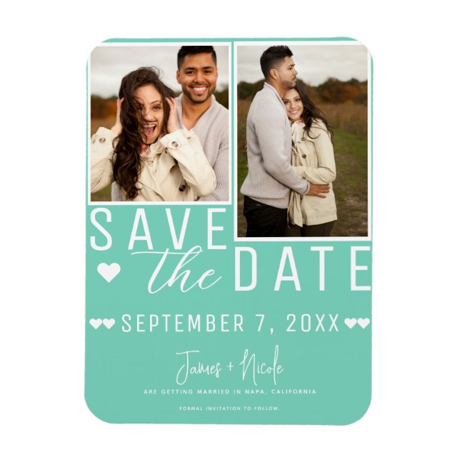Modern Mint Green Save the Date 2 Photo Wedding Magnet (Vertical)