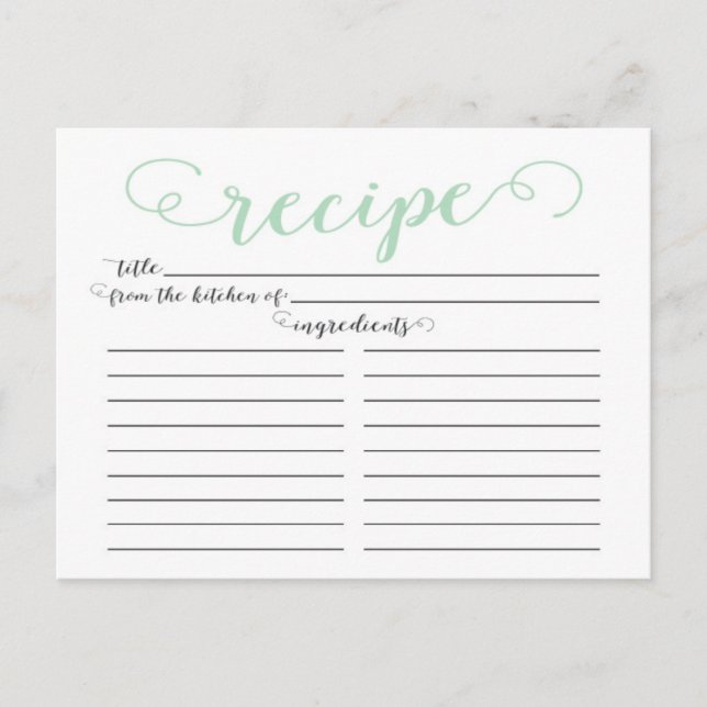 Modern Mint Green Script Bridal Shower Recipe Card (Front)