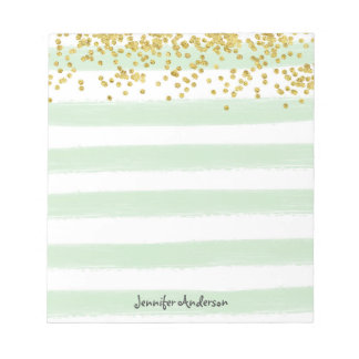 Modern Mint Green Stripe Gold Confetti Personalise Notepad