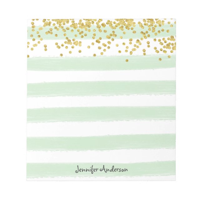 Modern Mint Green Stripe Gold Confetti Personalise Notepad (Front)