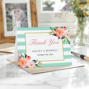 Modern Mint Green Stripes Elegant Floral Thank You