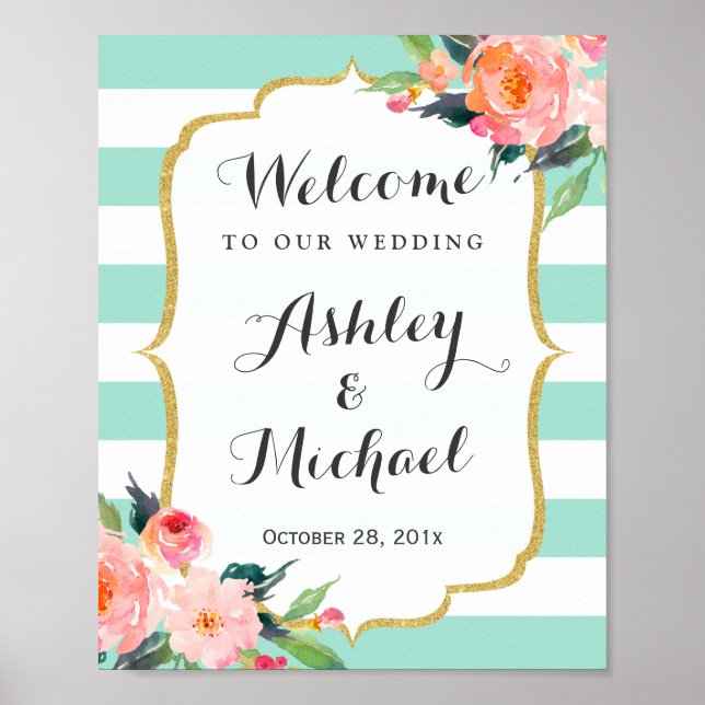 Modern Mint Green Stripes Floral Deco Wedding Sign (Front)