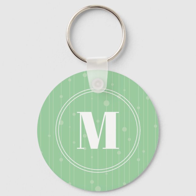 Modern mint green stripes pattern round monogram key ring (Front)