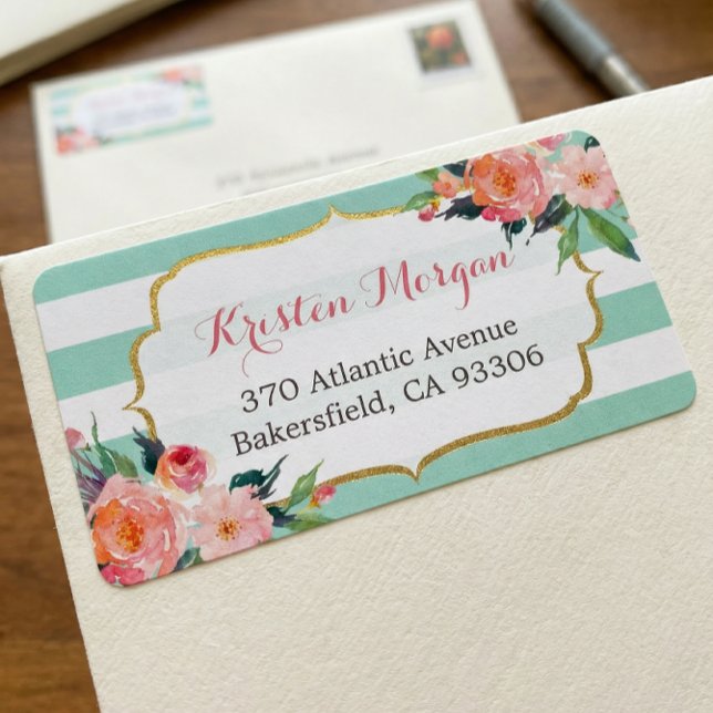 Modern Mint Green Stripes Watercolor Pink Floral Label (Creator Uploaded)