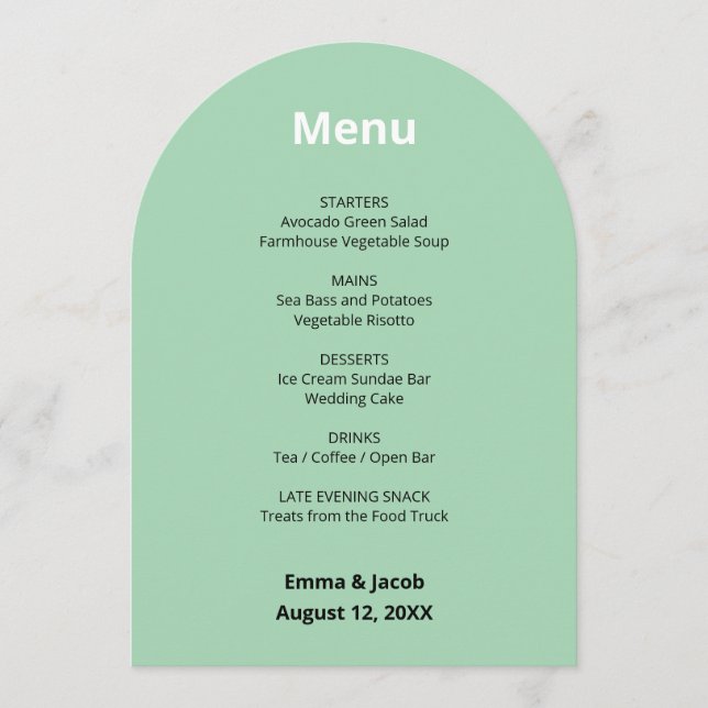 Modern Mint Green Wedding Menu Card (Front)