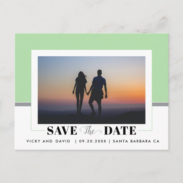 Modern mint green wedding Save the Date photo Postcard (Front)