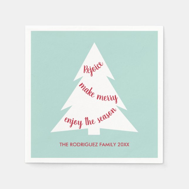 Modern Mint Green White Tree Name Holiday Party Napkin (Front)