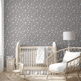 Modern Mint & Grey Paw Print Nursery Wallpaper