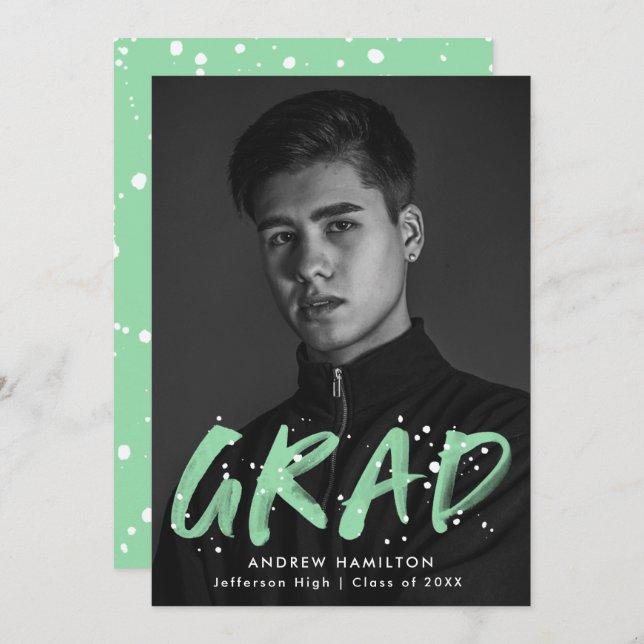 Modern Mint Paint Splatter Photo Graduation Party Invitation (Front/Back)