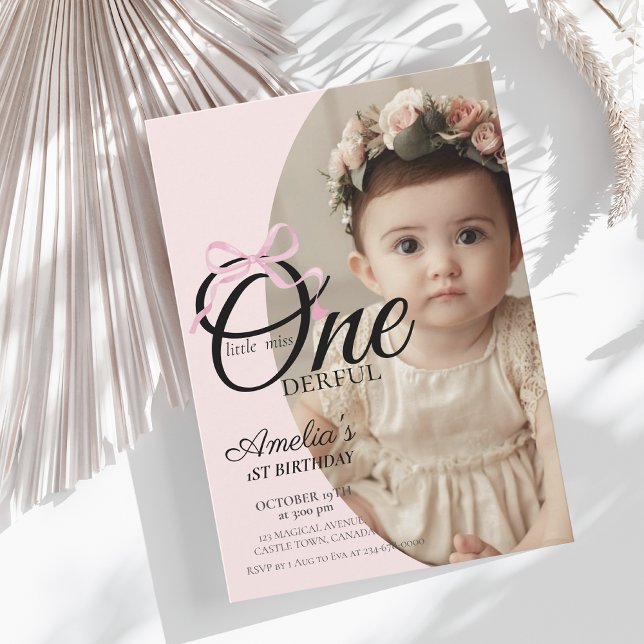 Modern Miss Onederful Pink Bow 1st Birthday Photo  Invitation (Creator Uploaded)