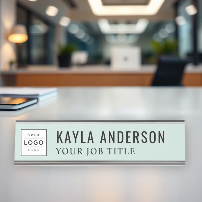 Modern Mist Green Logo Employee Desk Name Plate (Creator Uploaded)