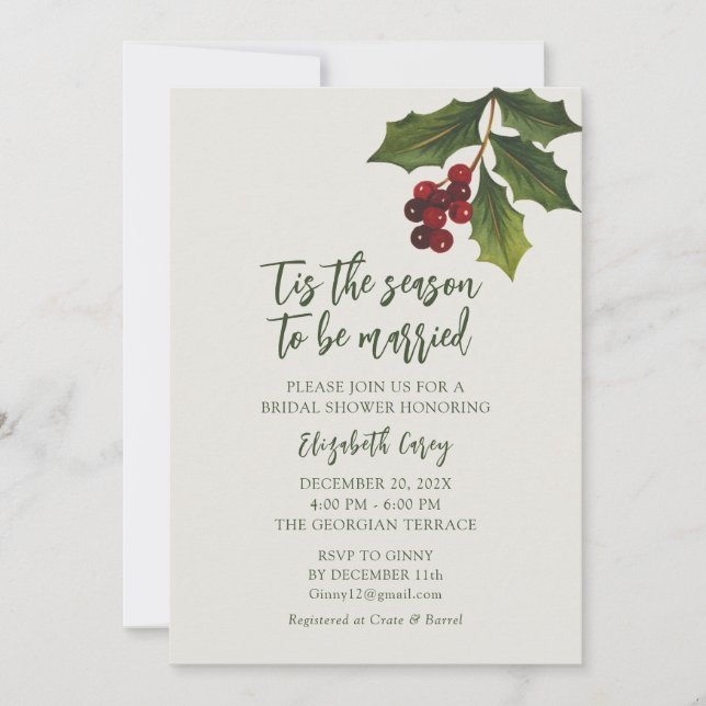 Modern Mistletoe Bridal Shower | Christmas Holly Invitation (Front)