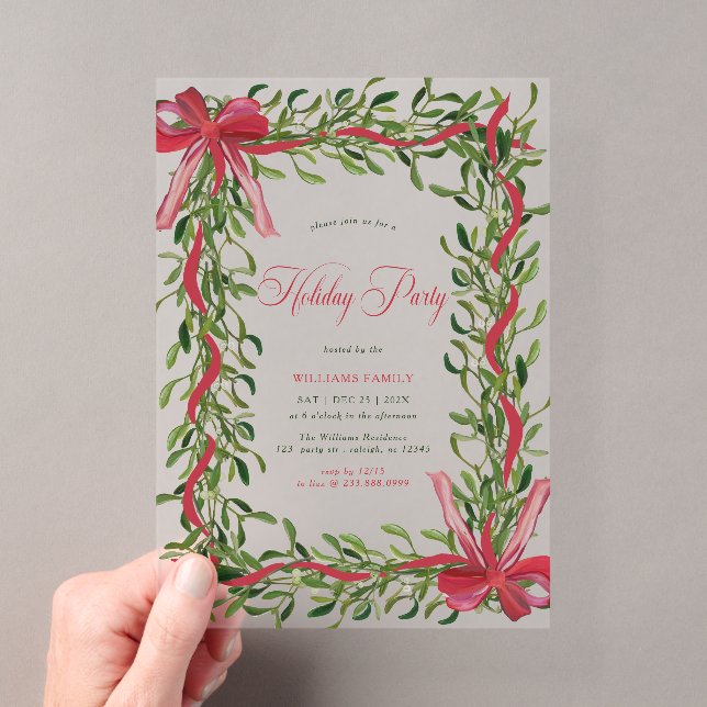 Modern Mistletoe Holiday Party Red Bow Christmas Acrylic Invitations (Insitu (Handheld))