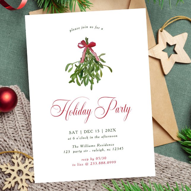 Modern Mistletoe Holiday Party Red Bow Christmas Invitation (Creator Uploaded)