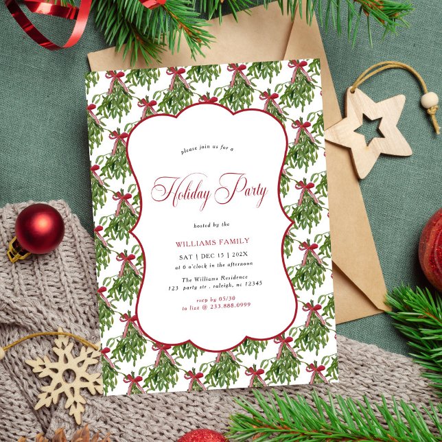 Modern Mistletoe Holiday Party Red Bow Christmas Invitation (Creator Uploaded)