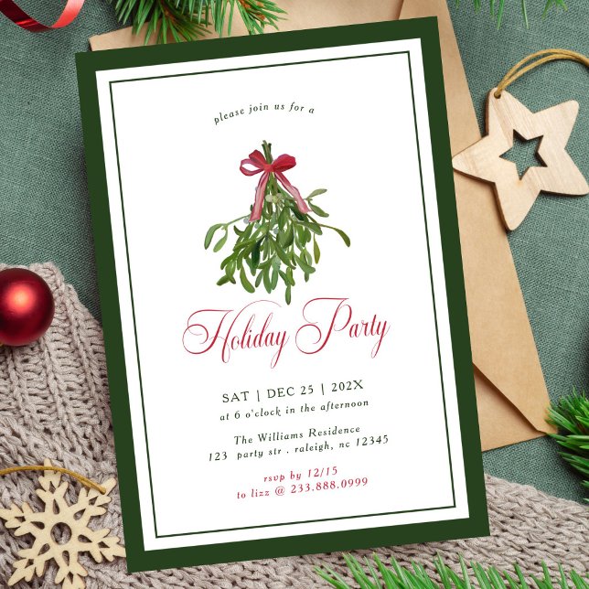 Modern Mistletoe Holiday Party Red Bow Christmas Invitation (Creator Uploaded)