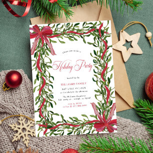 Modern Mistletoe Holiday Party Red Bow Christmas Invitation