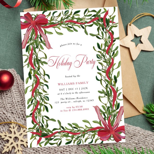 Modern Mistletoe Holiday Party Red Bow Christmas Invitation (Creator Uploaded)