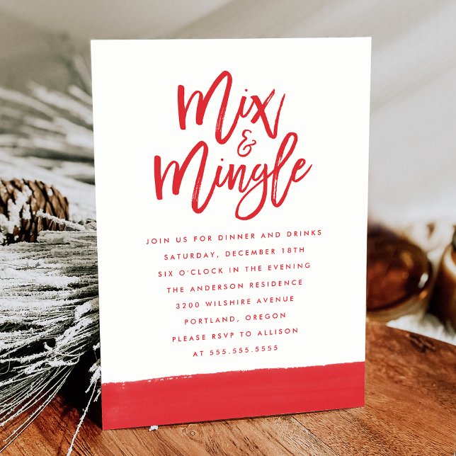 Modern Mix and Mingle Red Script Holiday Party Invitation (Creator Uploaded)