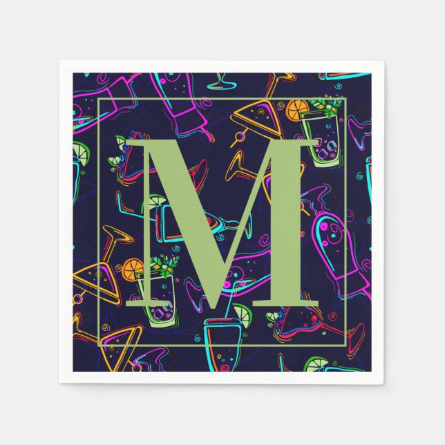 Modern Mixed Alcohol Cocktails Happy Hour Monogram Napkin (Front)