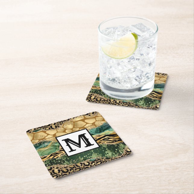 Modern Mixed Animal Print Monogram Square Paper Coaster (Insitu)