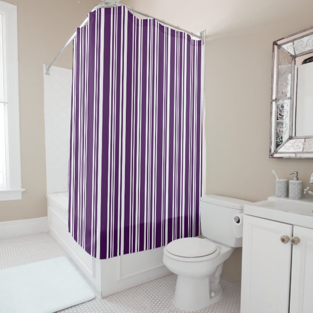 Modern Mixed Purple and White Stripes Shower Curtain (In Situ)