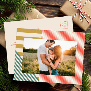 Modern Mixed Stripes One Photo Christmas  Holiday Postcard