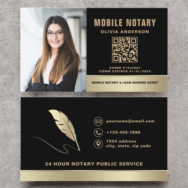 Modern Mobile Notary Photo QR Code Black Gold Business Card (Creator Uploaded)