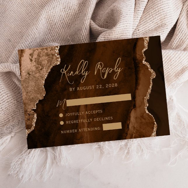 Modern Mocha Brown Agate Gold Script Wedding RSVP Card (Creator Uploaded)