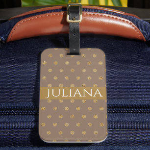 Modern Mocha Brown and Gold Polka Dots Luggage Tag