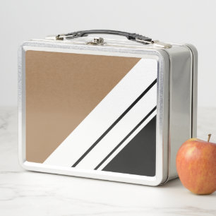 Modern Mocha Brown Black White Racing Stripes Metal Lunch Box