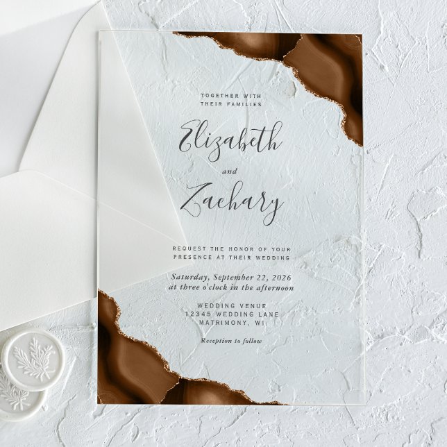 Modern Mocha Brown Gold Agate Corners Wedding Acrylic Invitations (Creator Uploaded)