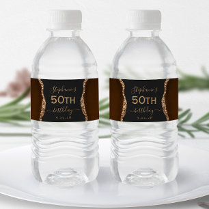 Modern Mocha Brown Gold Agate Dark 50th Birthday Water Bottle Label