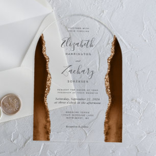 Modern Mocha Brown Gold Agate Wedding Arch Acrylic Invitations
