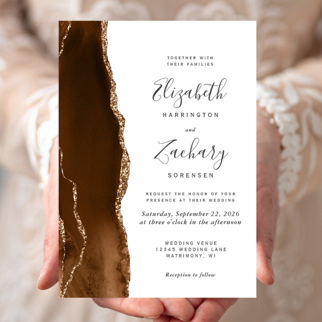 Modern Mocha Brown Gold Agate Wedding Invitation (Creator Uploaded)