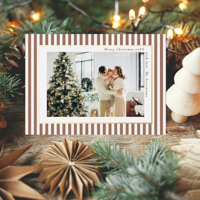 Modern Mocha Brown Stripes Photo Christmas Gold (Creator Uploaded)