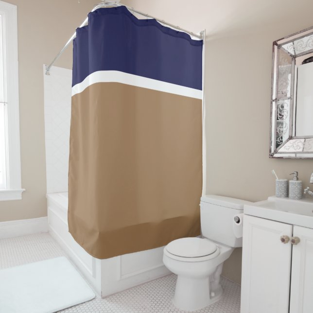 Modern Mocha Brown White Navy Blue Colour Block Shower Curtain (In Situ)