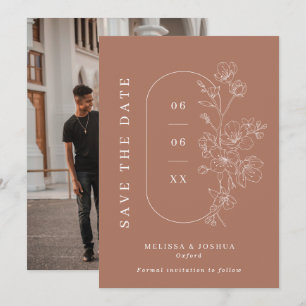 Modern Mocha Line Drawn Floral Photo Wedding Save The Date