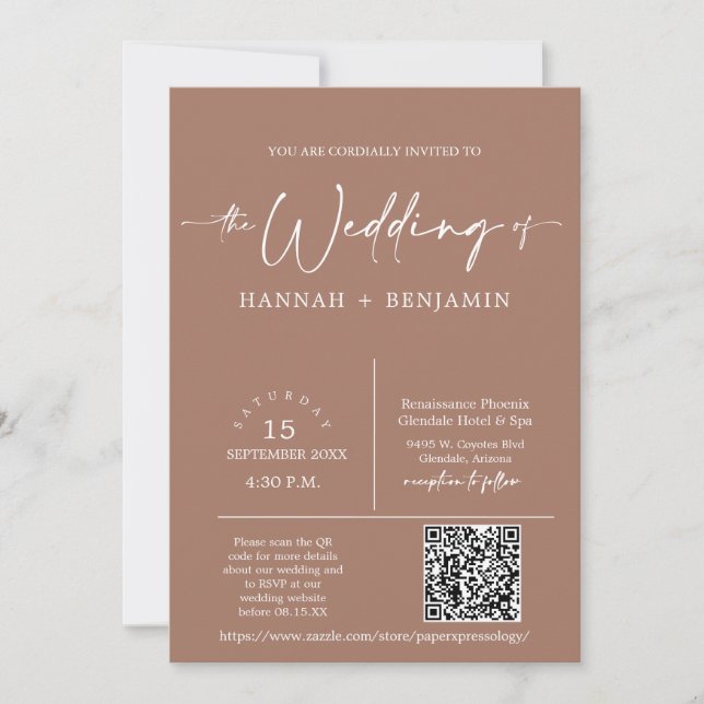 Modern Mocha Mousse Boho Arch QR Code Photo Invitation (Front)