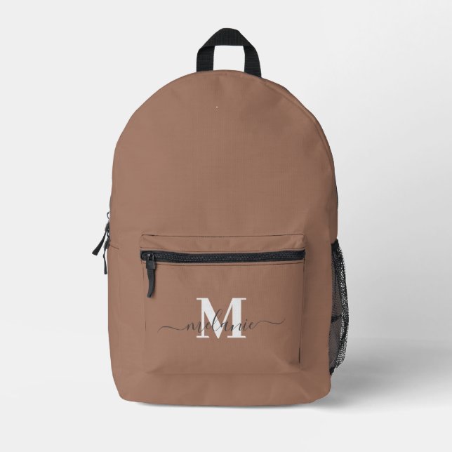 Modern Mocha Mousse Custom Monogram Name Printed Backpack (Front)