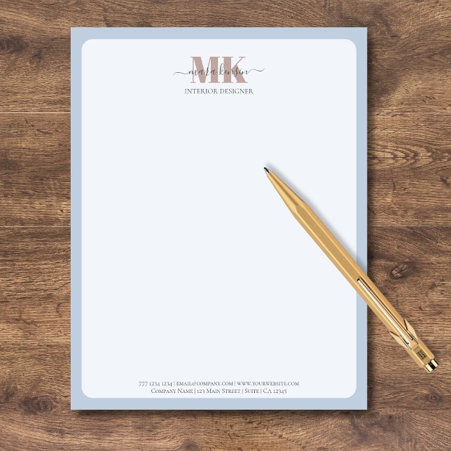 Modern Mocha Mousse Monogram Dusty Blue Custom Letterhead (Creator Uploaded)