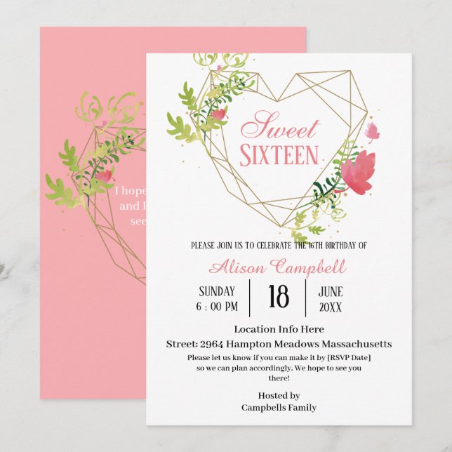 Modern Modern Pink Floral Sweet 16 Birthday Party Invitation (Front/Back)