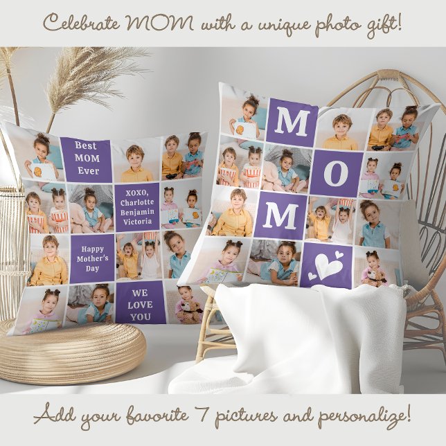Modern MOM 12 Photo Collage Personalised Purple Cushion (Creator Uploaded)