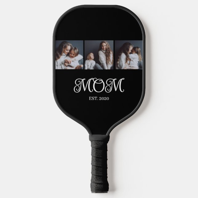Modern Mom Established Script Black 3 Photo Pickleball Paddle (Front)