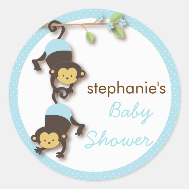 Modern Monkey Twin Boy Baby Shower in Blue Classic Round Sticker (Front)