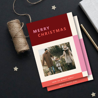 Modern Monochromatic Red Colour Block Two Photo Holiday Card