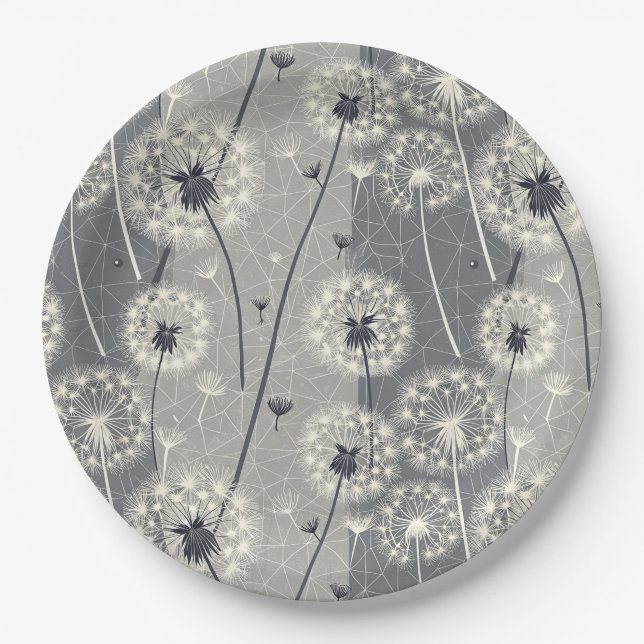 Modern Monochrome Dandelion Paper Plate (Front)